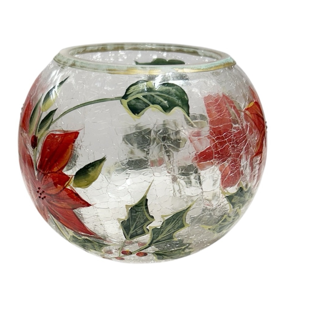 Holiday Spirit Poinsettia Crackle Glass 5" Votive Candle Holder Bowl - Picture 2 of 9